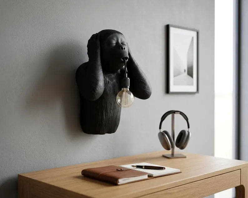 Hear No Evil Monkey Wall Lamp – Three Wise Monkeys Sconce, Black Decor, Handcrafted