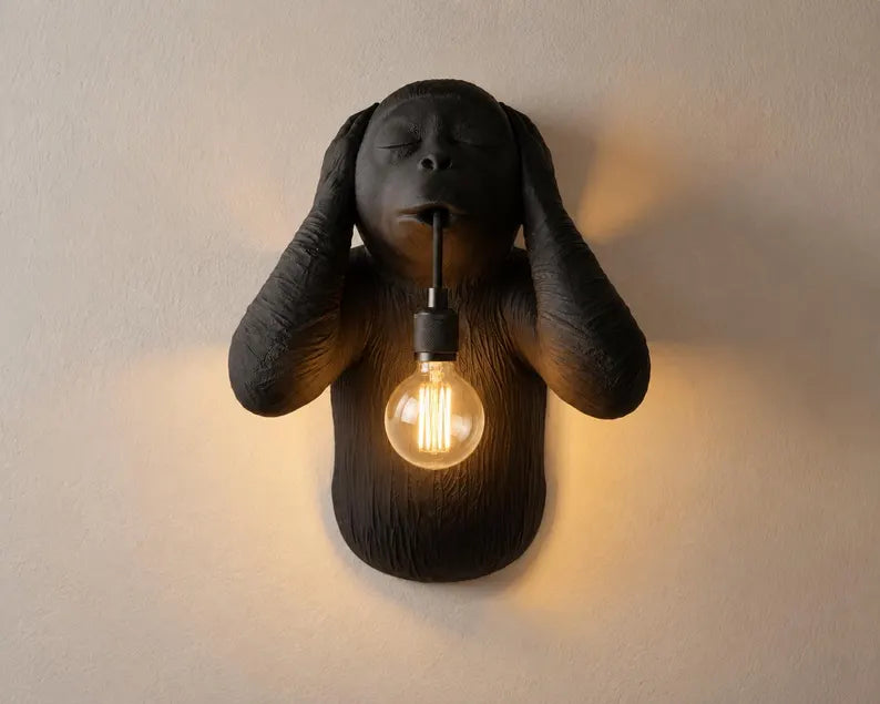 Hear No Evil Monkey Wall Lamp – Three Wise Monkeys Sconce, Black Decor, Handcrafted