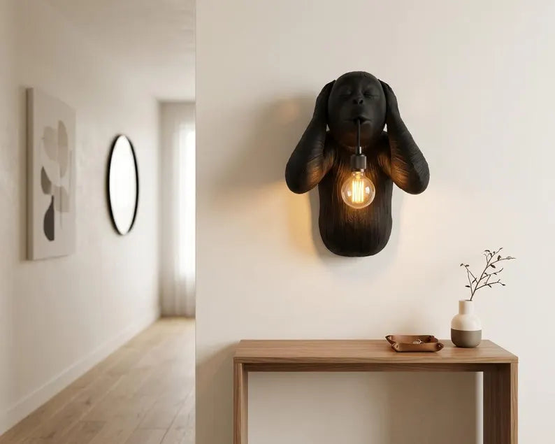 Hear No Evil Monkey Wall Lamp – Three Wise Monkeys Sconce, Black Decor, Handcrafted