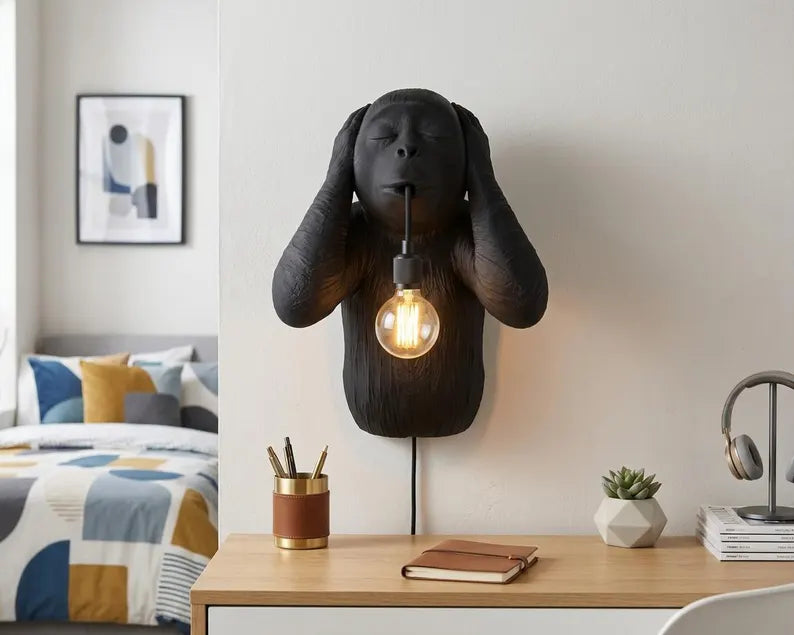 Hear No Evil Monkey Wall Lamp – Three Wise Monkeys Sconce, Black Decor, Handcrafted