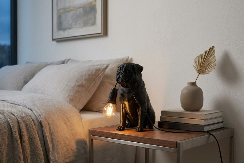 Pug Lamp, Handmade Dog Sculpture with Warm LED Light, Unique Gift for Animal Lovers