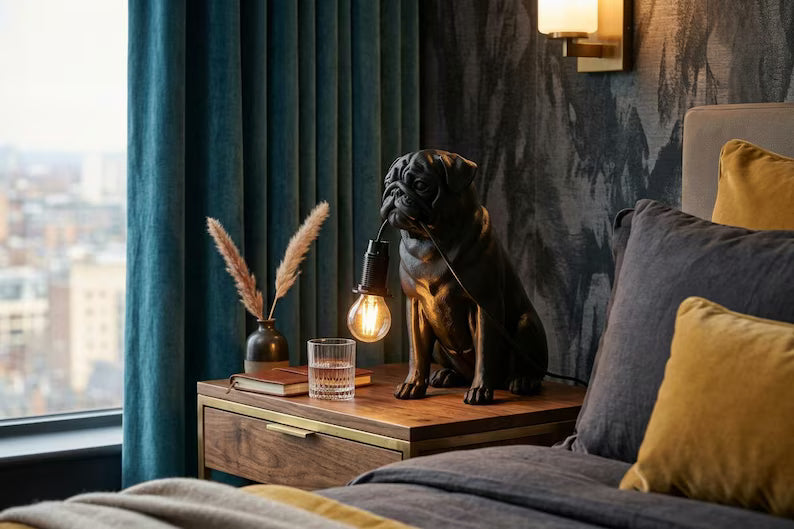 Pug Lamp, Handmade Dog Sculpture with Warm LED Light, Unique Gift for Animal Lovers