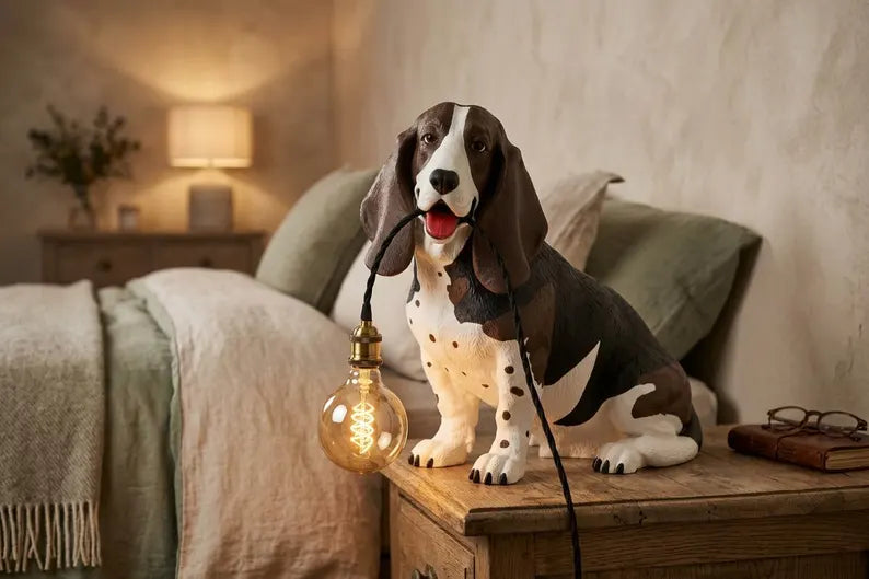 Basset Hound Dog Table Lamp – Cute Animal Desk Light, Handcrafted Sculpture, Unique Dog Lover Gift, Modern Home