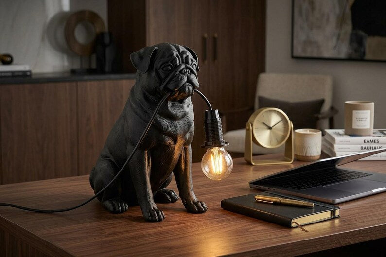 Pug Lamp, Handmade Dog Sculpture with Warm LED Light, Unique Gift for Animal Lovers