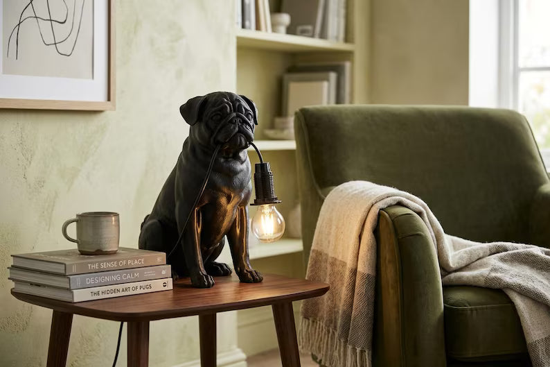 Pug Lamp, Handmade Dog Sculpture with Warm LED Light, Unique Gift for Animal Lovers