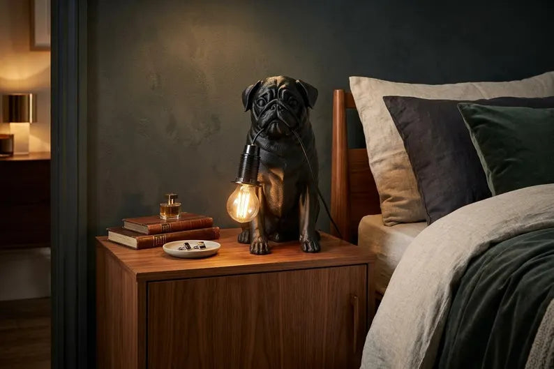 Pug Lamp, Handmade Dog Sculpture with Warm LED Light, Unique Gift for Animal Lovers