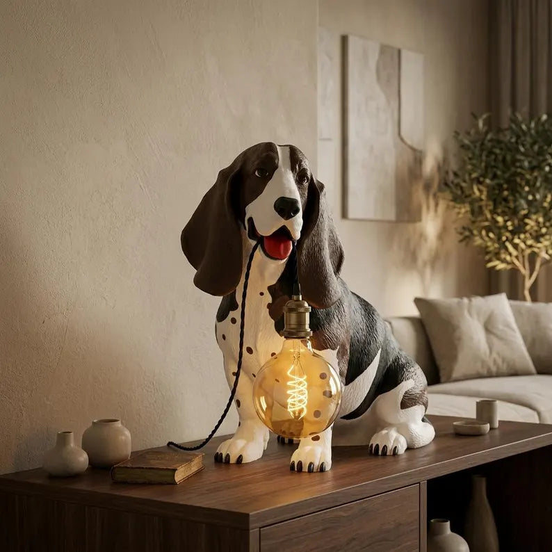 Basset Hound Dog Table Lamp – Cute Animal Desk Light, Handcrafted Sculpture, Unique Dog Lover Gift, Modern Home