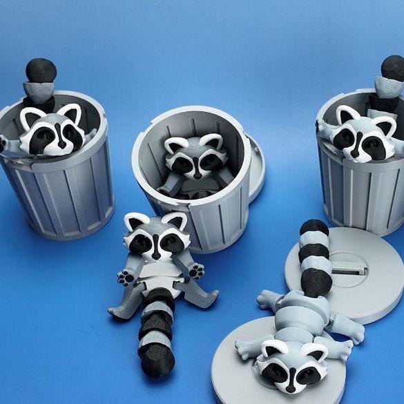 Raccoon  w/ Locking Trash Can or Tree Stump  Articulating Fidget Animal Raccoon.