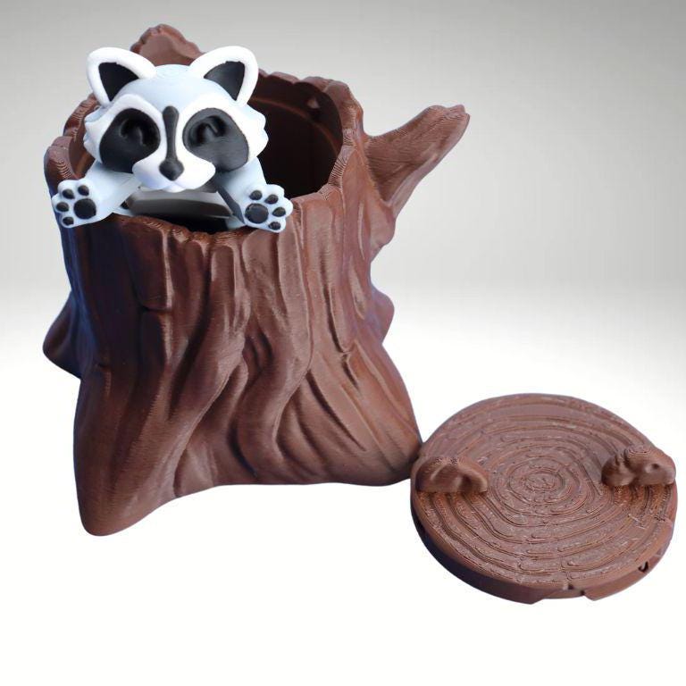 Raccoon  w/ Locking Trash Can or Tree Stump  Articulating Fidget Animal Raccoon.