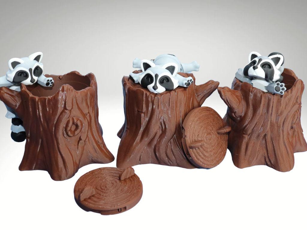Raccoon  w/ Locking Trash Can or Tree Stump  Articulating Fidget Animal Raccoon.