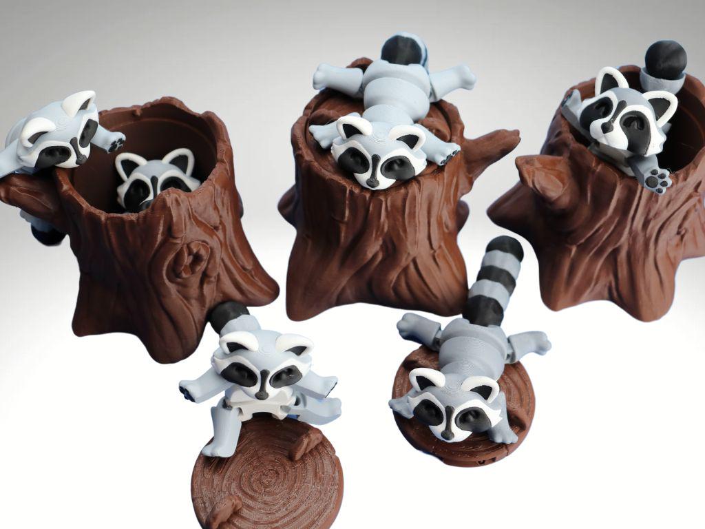 Raccoon  w/ Locking Trash Can or Tree Stump  Articulating Fidget Animal Raccoon.