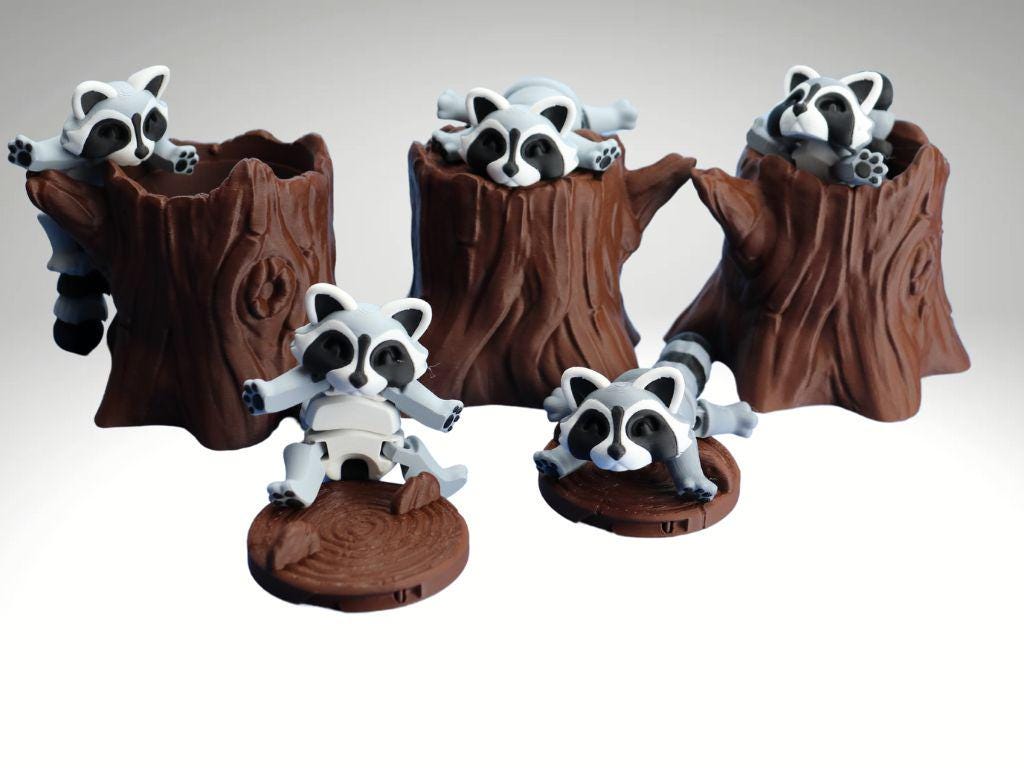 Raccoon  w/ Locking Trash Can or Tree Stump  Articulating Fidget Animal Raccoon.